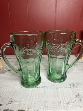 Vintage Coca Cola Green Glass Logo Mugs - Set of 2